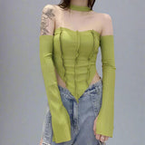 Y2K Ribbed Halter Top with Trendy Off - Shoulder Sleeve - In Control Clothing