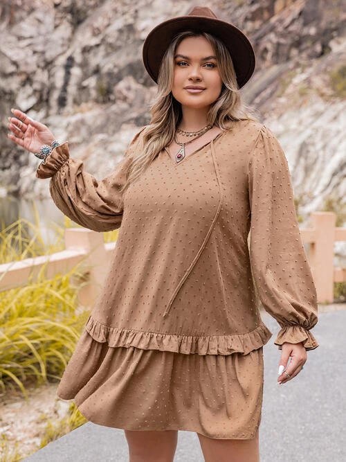 Plus Size Hippie Dot Flounce Sleeve Mini Dress Tan 1XL